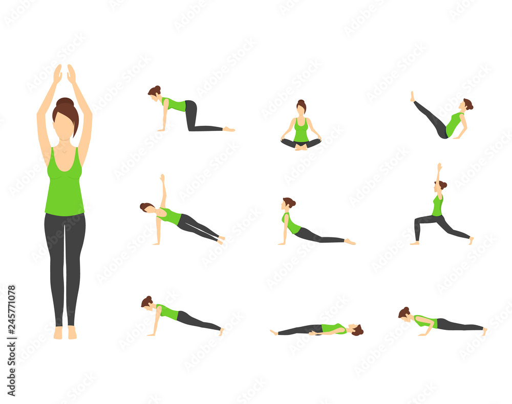 Sticker Cartoon Woman in Green Top Yoga Poses Icons Set. Vector