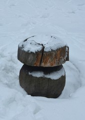 Dekorativer Holzpilz im Schnee