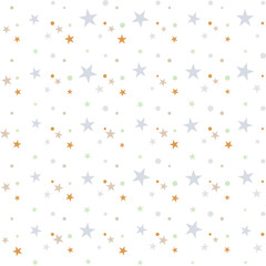 Colorful festive seamless pattern, abstract background with circles and stars on white. Infinity confetti geometric pattern. Wrapping paper. Vector illustration. 