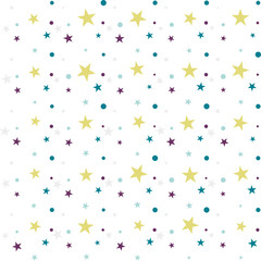 Colorful festive seamless pattern, abstract background with circles and stars on white. Infinity confetti geometric pattern. Wrapping paper. Vector illustration. 