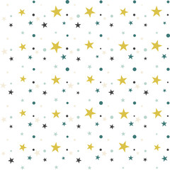 Colorful festive seamless pattern, abstract background with circles and stars on white. Infinity confetti geometric pattern. Wrapping paper. Vector illustration. 