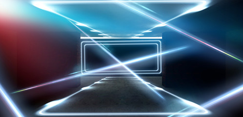 The background is an empty tunnel, the room is lit by neon light. Concrete covering, tile. Smoke. Laser square figure in the center of the room. 3D rendering