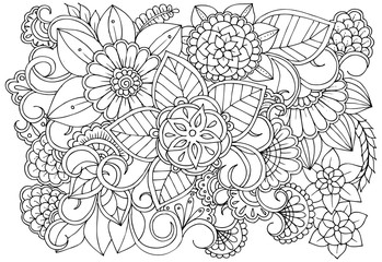 Vector black and white colorin page for colouring book. Leafs and flowers  in monocrome colors. Doodles pattern