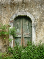 Entrance of old closed wooden door of an old abandoned christian orthodox church in a jungle surrounded by green plants 