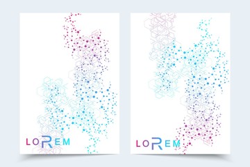 Scientific brochure design template. Vector flyer layout, Molecular structure with connected lines and dots. Scientific pattern atom DNA with elements for magazine, leaflet, cover, poster design.