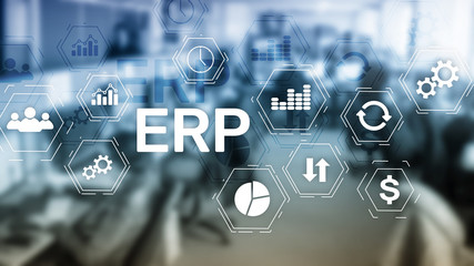 ERP system, Enterprise resource planning on blurred background. Business automation and innovation...