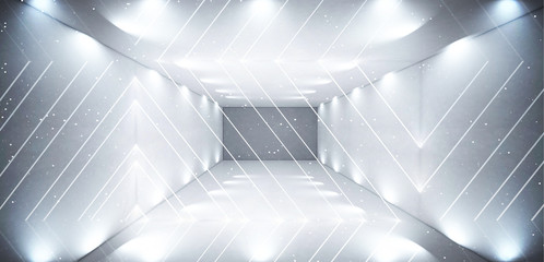 The background is an empty tunnel, the room is lit by neon light. Concrete covering, tile. Smoke. Laser square figure in the center of the room. 3D rendering