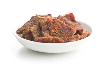 Beef jerky pieces.