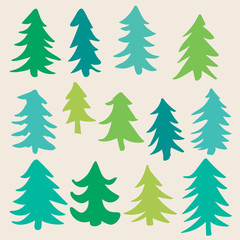 Set of tree isolated on beige background. Spruce forest icon.