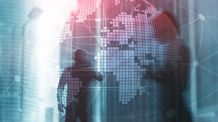 3D Earth hologram on blurred background.Global business and communication concept.
