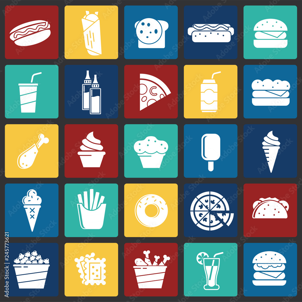 Poster fasfood icons set on color squares background for graphic and web design, modern simple vector sign.