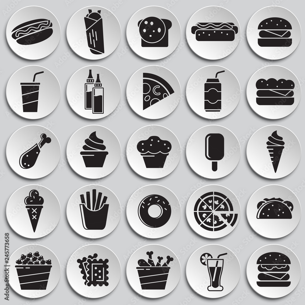 Poster fasfood icons set on plates background for graphic and web design, modern simple vector sign. intern