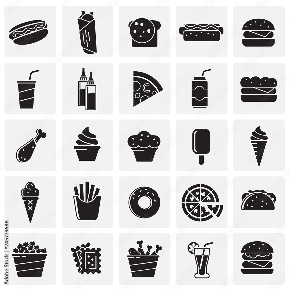 Poster fasfood icons set on squares background for graphic and web design, modern simple vector sign. inter