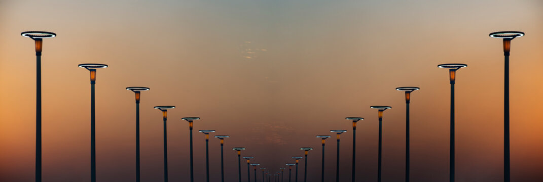a row of street lights - Lighting equipment in street, Led lamp.