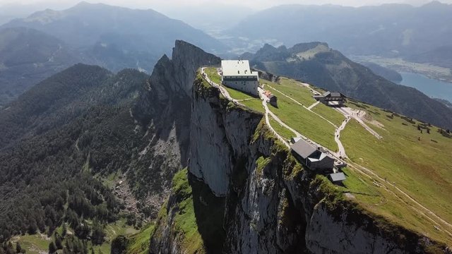 Flight around viewpoint on Schafberg summit in Salzkammergut, Upper Austria.