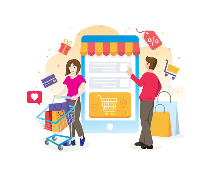 Online shopping concept with characters. Man and Woman with concept of shopping illustration. Shopping concept with characters. Online shopping illustration, Online payment, sale - vector
