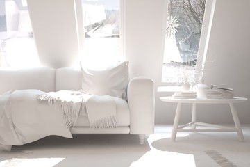 White room with sofa. Scandinavian interior design. 3D illustration