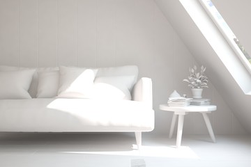 White room with sofa. Scandinavian interior design. 3D illustration