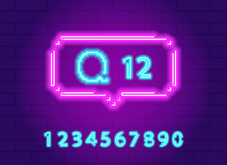 Vector neon light pink bubble with comment sign and numbers. 0-9 digits. Social networks notification icon.