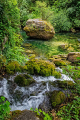 River landscape. River Sorgue with mossy rocks, Fontaine de Vaucluse, Provence, Luberon, Vaucluse, France