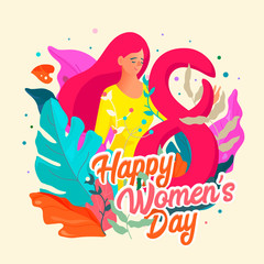 8 March. International Women's Day. Happy women's day postcard. Flyer for March 8 with the decor of flowers, exotic leaves.