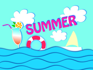 Hello Summer banner with Sweet Travel Vacation Elements. Paper Art.sea boat