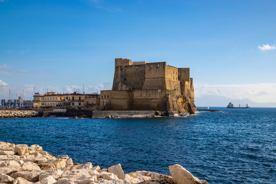 View of the coast in Naples with it's famous Castel dell'Ovo, or Egg Castle, Italy