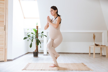 Young pregnant yoga woman working out at home doing prenatal Tree posture, Vrksasana yoga pose. Healthy Pregnancy concept. Pregnant Namaste gesture