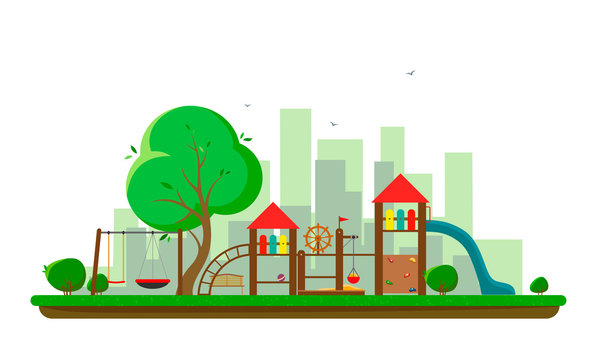 Large playground with a silhouette of the city and birds. Vector illustration of a flat style.