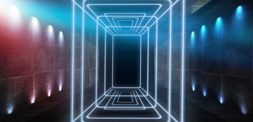 The background is an empty tunnel, the room is lit by neon light. Concrete covering, tile. Smoke. Laser square figure in the center of the room. 3D rendering