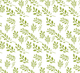 Vector hand drawn doodle green sprigs leaves seamless pattern. Nature graphics background. Trendy design concept for fashion textile print.