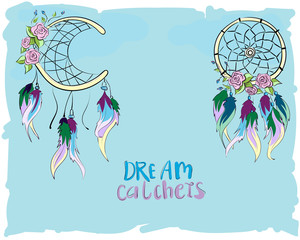 Colorful hand drawn dreamcatchers and roses with leaves, vector blue background, can be used for fabric