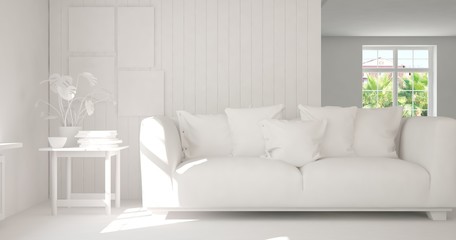 White room with sofa. Scandinavian interior design. 3D illustration