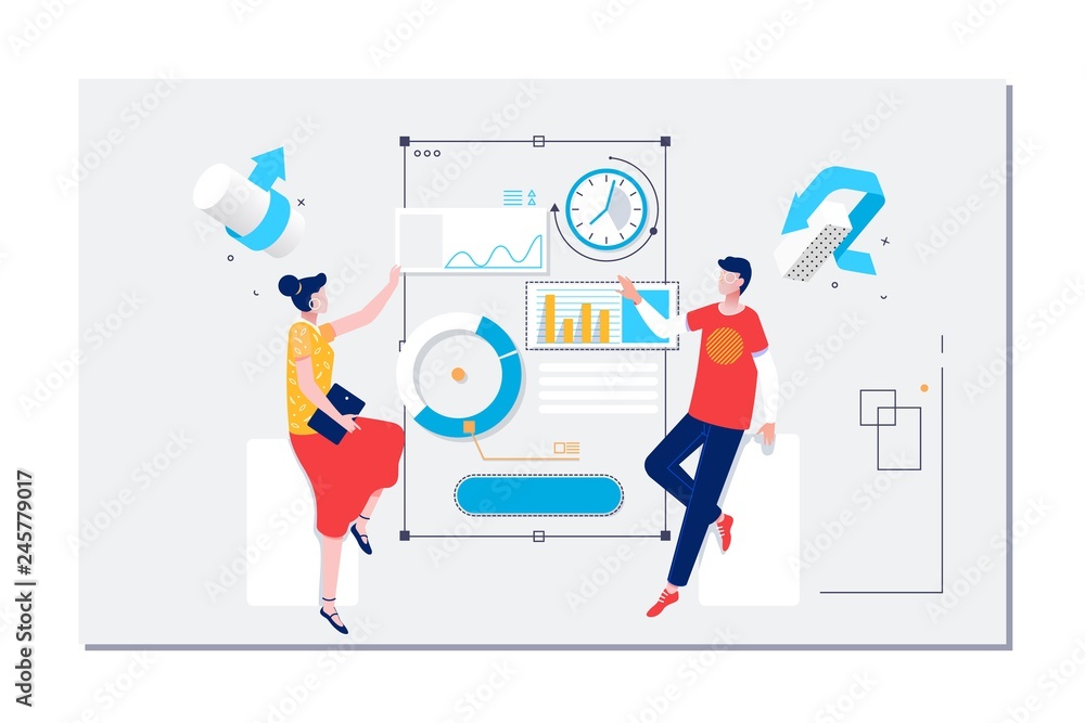 Poster people work in a team and interact with graphs. business, workflow management and office situations.