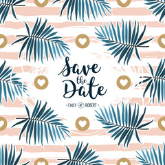 Fototapeta na wymiar Tropical wedding invitation, Green palm fronds on a pink striped background. Modern geometric frame, Vector illustration