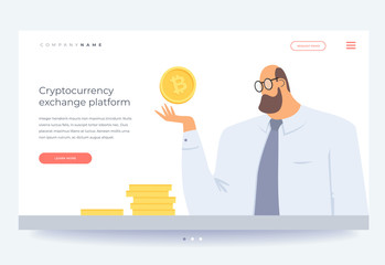 Homepage. Concept of investing in Cryptocurrency and Blockchain. Man holds  bitcoin symbol over his hand. Cryptocurrence exchange platform. Investments in future earnings. Vector flat illustration.