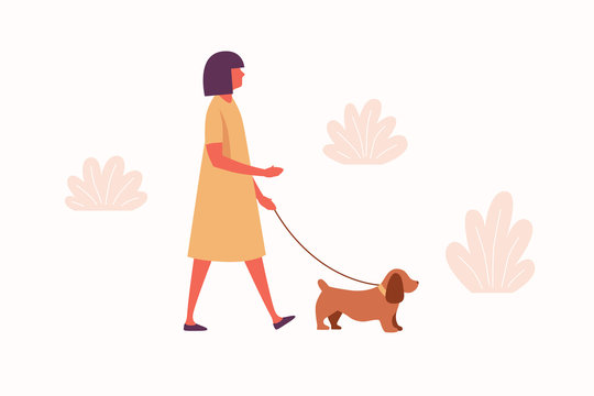 A young girl walks with her dog. Image on the topic of pet care. Vector illustration.