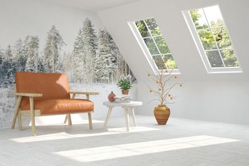 White room with armchair and green landscape in window. Scandinavian interior design. 3D illustration