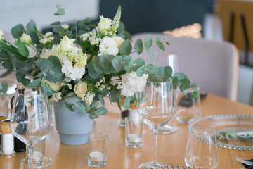 tables served for a wedding dinner in a restaurant