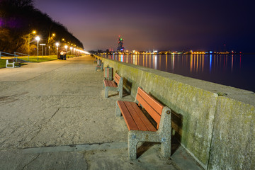 The Seaside Boulevard in Gdynia at night. Concrete promenade near the main beach is one of the most...