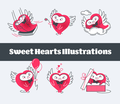 Set of vector Saint Valentine love illustrations, cute heart characters with wings' collection.