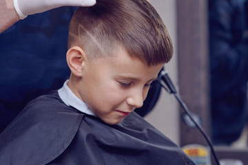 The portrait of a cute European boy in a barbershop. He is getting his new hairstyle.