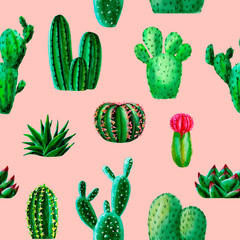 Pattern of watercolor exotic cactus, succulent, isolated illustration on white background. hand drawn watercolor elements, botanical collection. Design for textile, fabric, print, wrapping, paper.