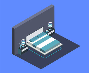 Modern bedroom design in isometric style vector illustration interior of family double wooden bed with mattress, two white pillows, night tables with lamps near bed and background.