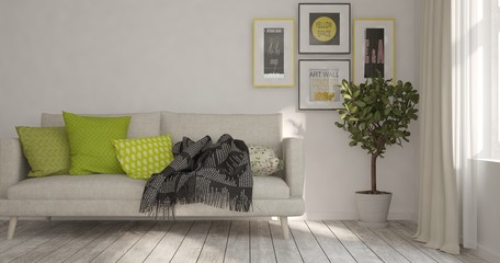 White modern room with sofa. Scandinavian interior design. 3D illustration
