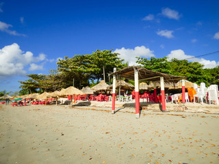 Ilha de Itamaraca, Brazil - Circa December 2018: Empty beach bars in the early morning at Forte beach, popular tourist destination