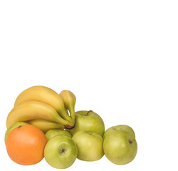 fruit bananas orange and green apples on white background
