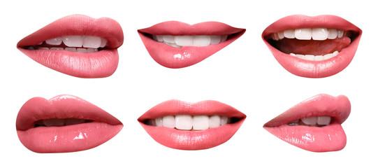 Set of mouths with beautiful make-up isolated on white. Pink lipstick - obrazy, fototapety, plakaty