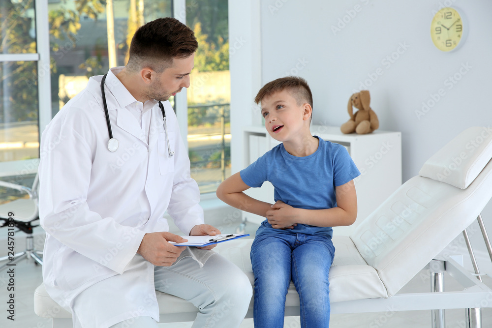 Poster doctor working with little patient in hospital