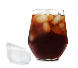 Glass of refreshing cola with ice cubes on white background